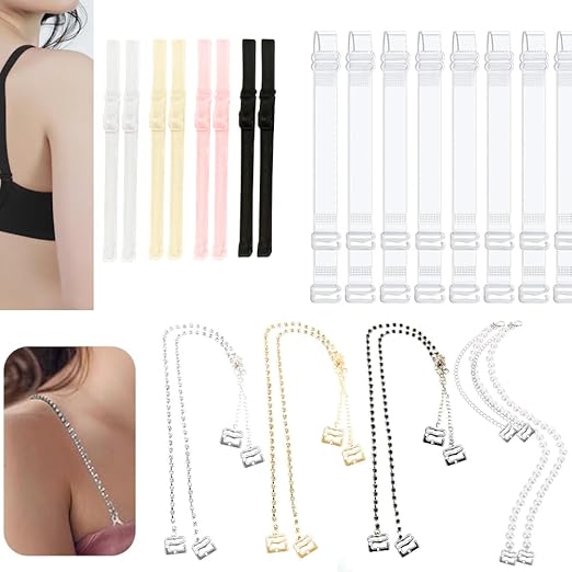 Trendytrolley 12 Pcs Bra Straps Combo Set – 4 Fancy Diamond & Pearl Bra Straps (Silver, Black, Gold, Pearl) + 4 Colorful Elastic Bra Straps –4 Pairs Transparent 15mm Invisible Bra Straps