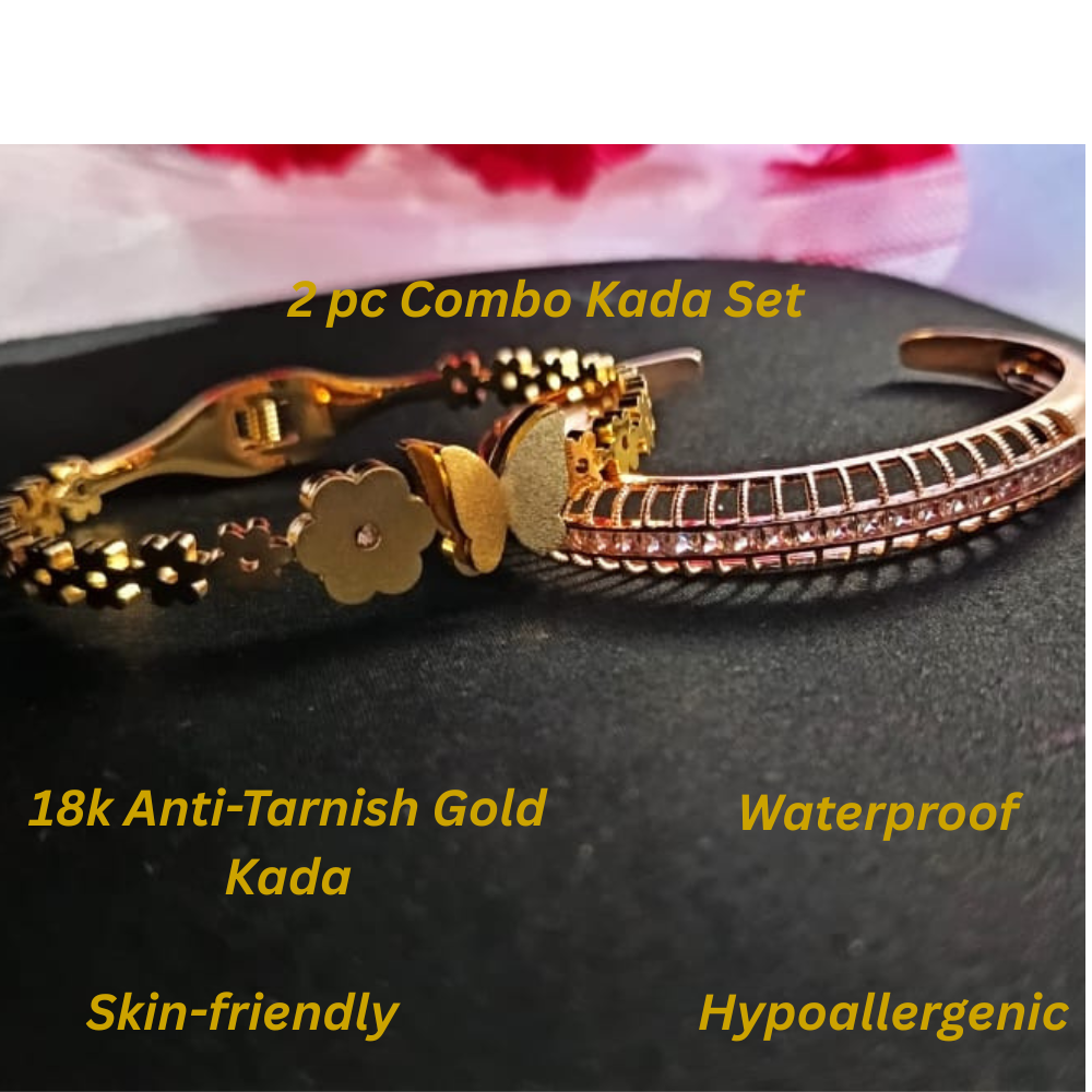 TrendyTrolley Elegant 2 Pc Kada Set – Butterfly & Flower Kada with Rose Gold Diamond Centre Kada | Graceful Floral Charm & Modern Sparkle Combo | Anti-Tarnish | Waterproof Jewellery