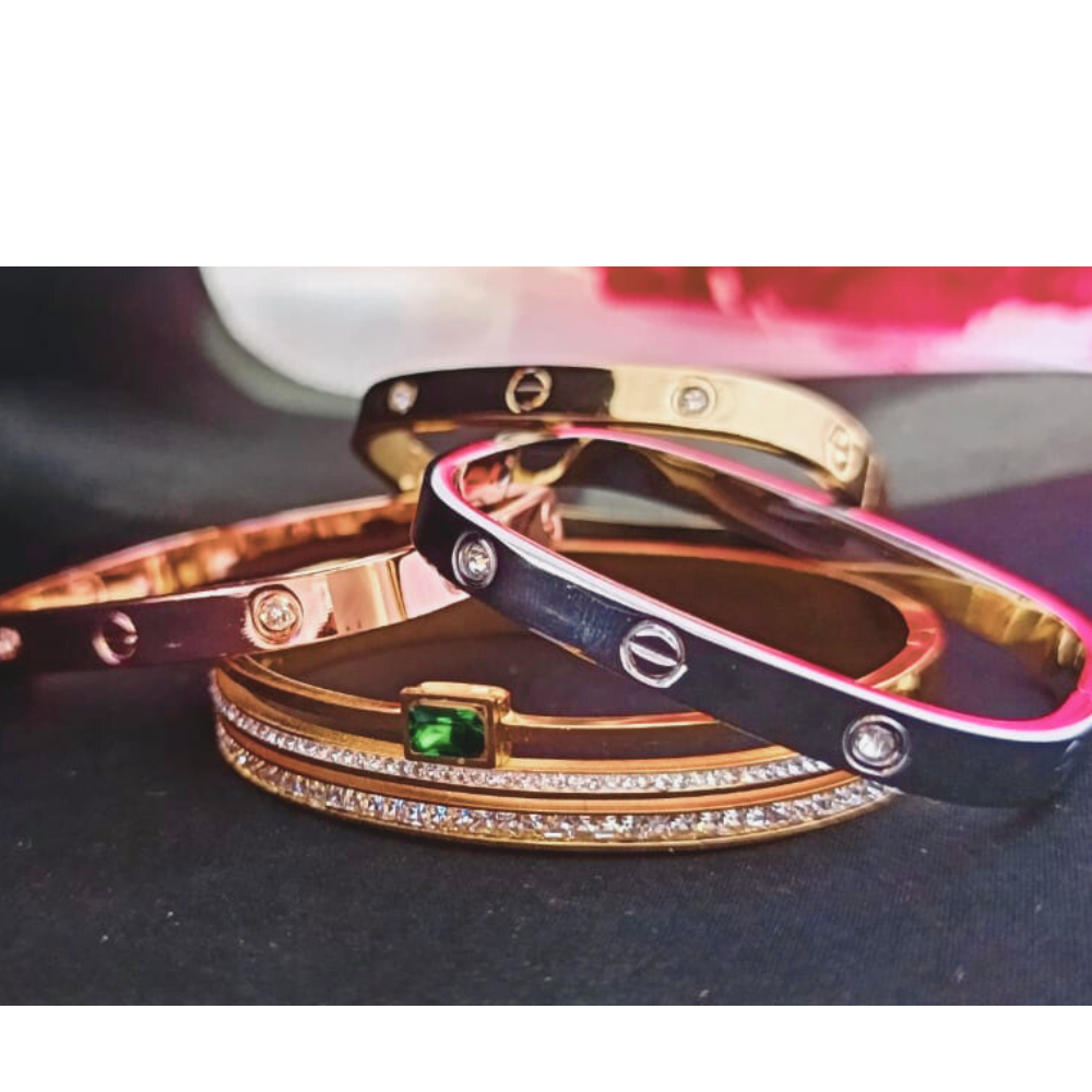 TrendyTrolley Premium 2 Pc Kada Set – Green Diamond Kada & Triple Tone Kada Set (Rose Gold, Gold & Silver) | Elegant Sparkle & Classic Combo | Anti-Tarnish | Waterproof | Skin-friendly Jewellery