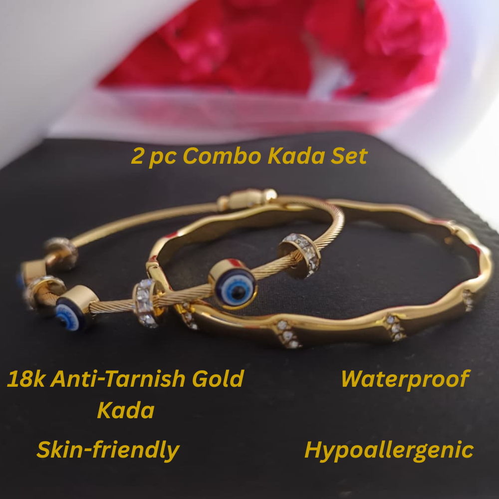 TrendyTrolley Elegant 2 Pc Kada Set – Evil Eye Kada & Floral Design Kada | Protective Charm & Graceful Style Combo for Daily & Festive Wear | Skin-friendly | Waterproof | Anti-Tarnish Jewellery