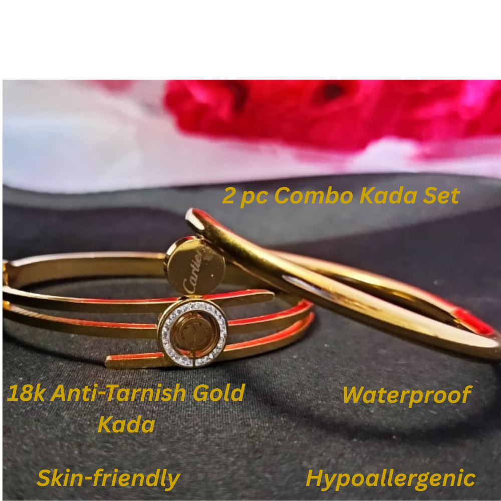 TrendyTrolley Elegant 2 Pc Kada Set – Single Gold Kada & Circle Centre Kada | Minimal Modern Design for Daily & Festive Wear | Skin-friendly | Anti-Tarnish | Waterproof Jewellery