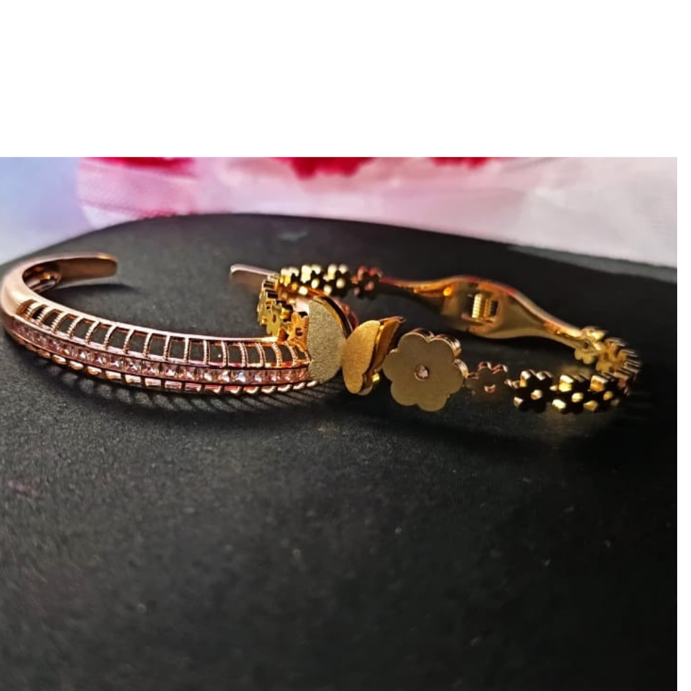 TrendyTrolley Elegant 2 Pc Kada Set – Butterfly & Flower Kada with Rose Gold Diamond Centre Kada | Graceful Floral Charm & Modern Sparkle Combo | Anti-Tarnish | Waterproof Jewellery