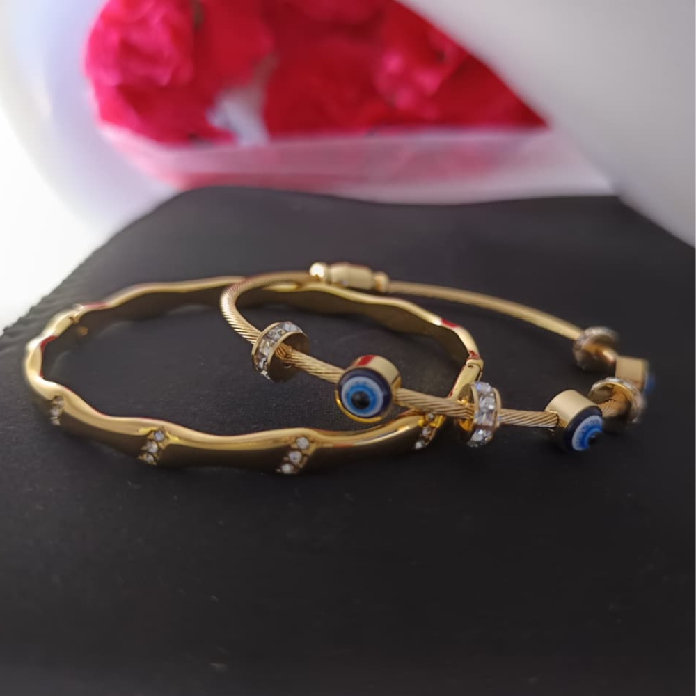 TrendyTrolley Elegant 2 Pc Kada Set – Evil Eye Kada & Floral Design Kada | Protective Charm & Graceful Style Combo for Daily & Festive Wear | Skin-friendly | Waterproof | Anti-Tarnish Jewellery