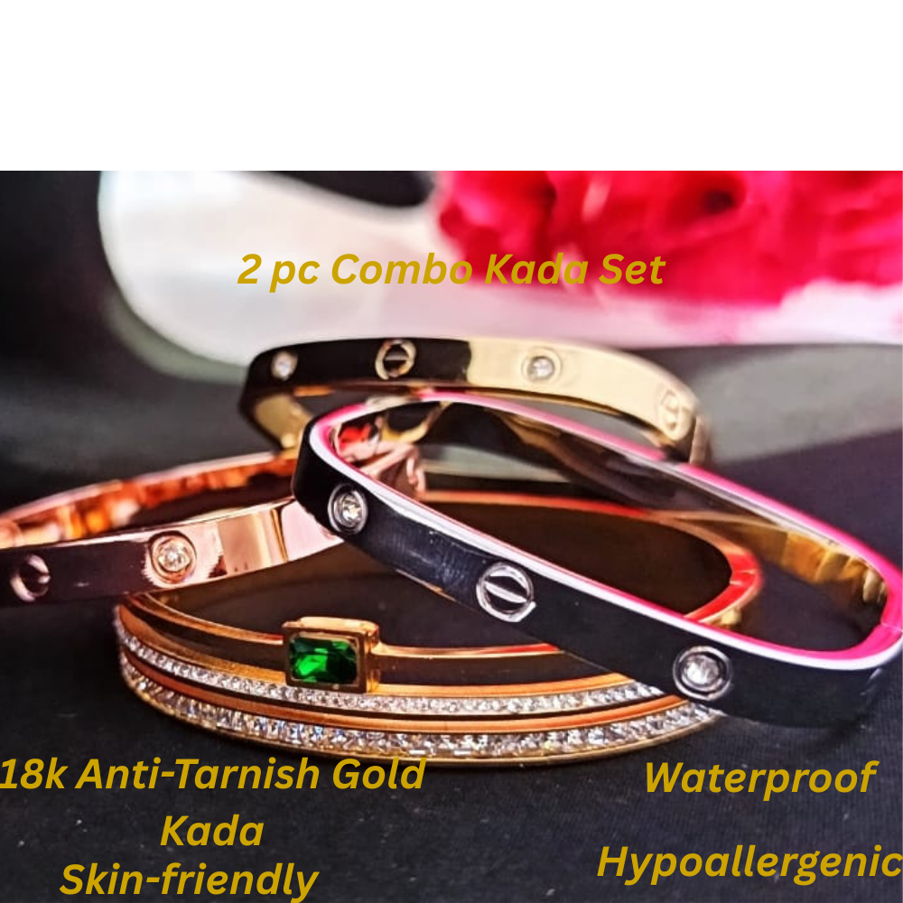TrendyTrolley Premium 2 Pc Kada Set – Green Diamond Kada & Triple Tone Kada Set (Rose Gold, Gold & Silver) | Elegant Sparkle & Classic Combo | Anti-Tarnish | Waterproof | Skin-friendly Jewellery