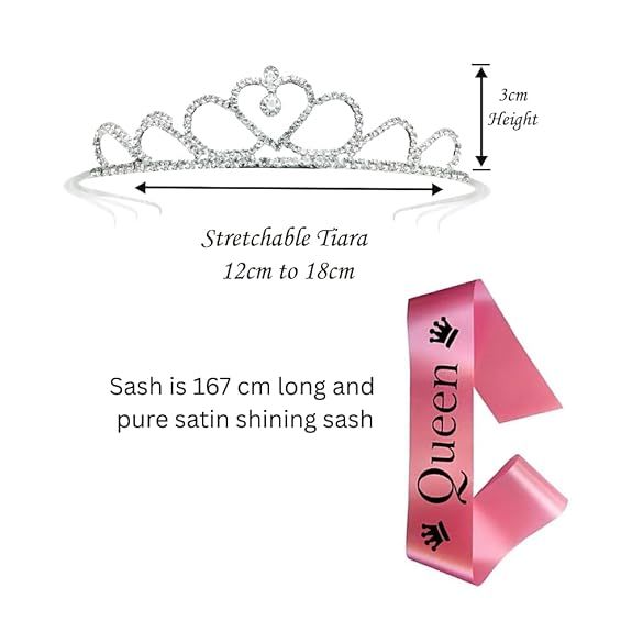 Decofy Queen Sash Crown Set for & Girls | Satin Birthday Sash with Silver Rhinestone Tiara | Party, Pageant, Wedding & Special Event Accessory