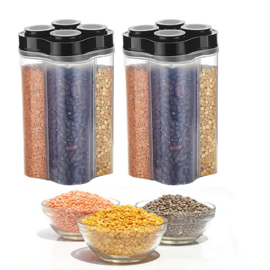 TrendyTrolley Airtight Transparent Plastic Lock Food Storage 4 Section Container Jar forPulses |Grocery, Fridge Container Pack of 2, 4800 ML - Black- MADE IN INDIA