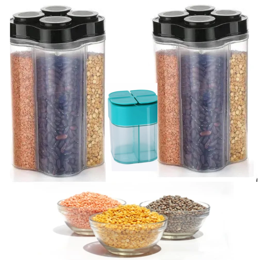 TrendyTrolley 3 Pc Storage Container - 4 Section Pulses Continer (2 pc) with Spices Container (1 Pc) kitchen Storage Container Jar
