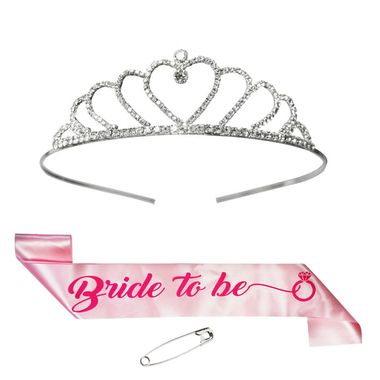 Bride to Be Pink Sash & Heart Crown,Pin 3 pc combo set for Girls & Womens | Bride to Be Decoration Set| Bride to Be Sash | Spinster's Party (B2BH)