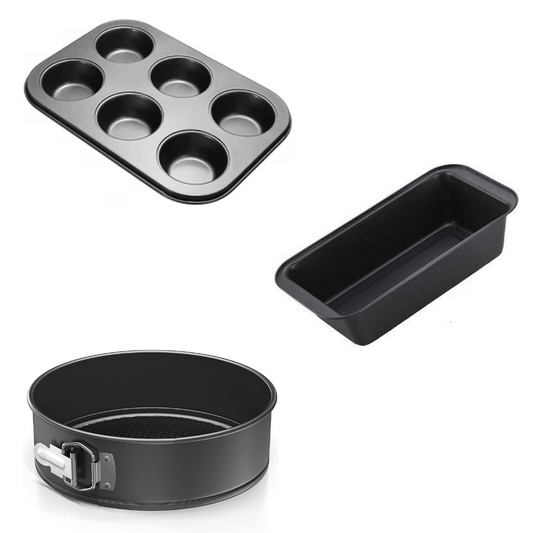 TrendyTrolley 3 Pc Cake Baking Combo |Carbon Steel Non Stick Material Suitable for Microwave |Oven OTG-Cake Tin |Muffin Tray | Bread Mould