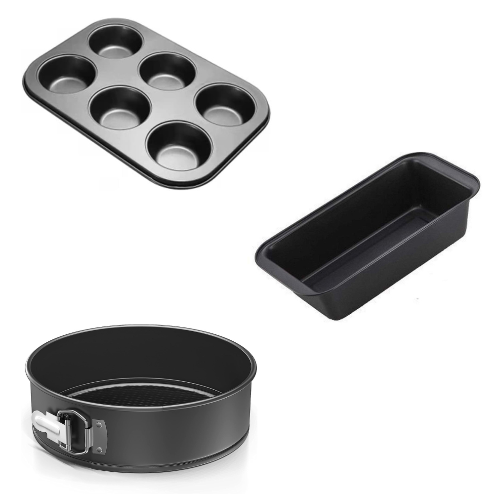 TrendyTrolley Cake Making Set 3 Pc- Combo Carbon Steel Cake Baking for Microvawe OTG Oven and Dishwasher Safe (6 Cavity Cupcake| Rectangle Cake Tin |Round Cake Mould)