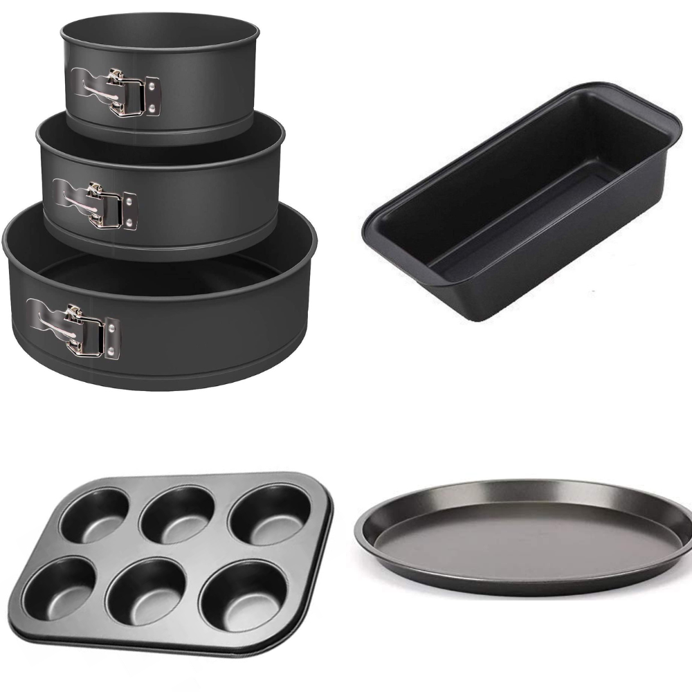 TrendyTrolley 6 pc Cake Baking Combo Set -3 Pc Round Cake Set 7 8 8.5 inch Cake Moulds | Bread Loaf | Muffin Cupcake Tray & Pizza Pan 23 Cm Cake Mould for Oven