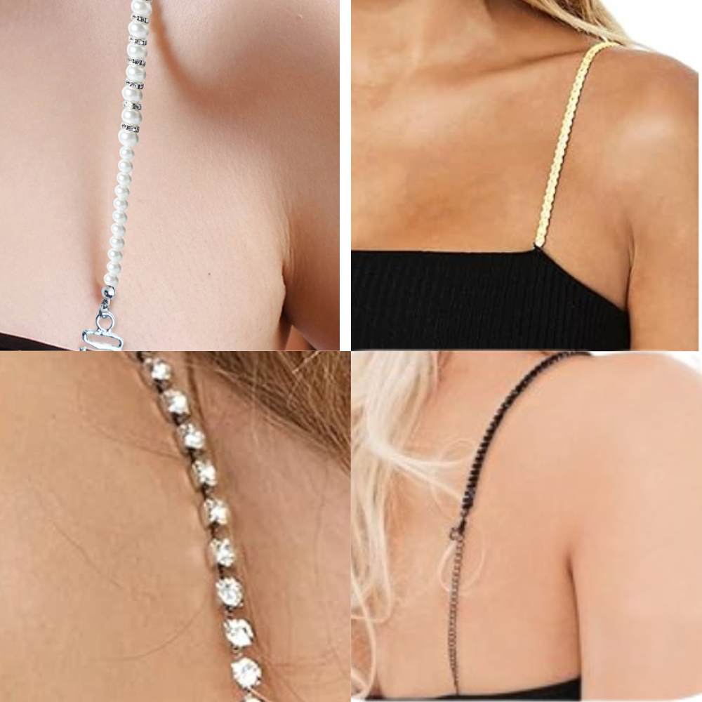 TrendyTrolley Gold & Silver Diamond Bra Straps for Women (2 Pair) | Adjustable, Detachable Stylish Straps for Dresses & Blouses | Premium Rhinestone Fashion Accessories