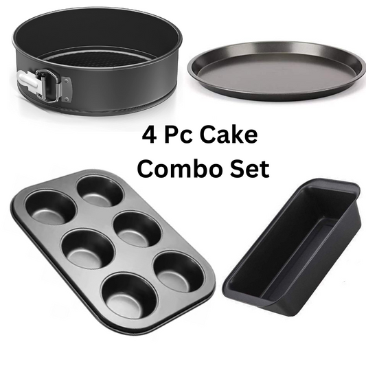 TrendyTrolley 4 Pc Cake Baking Combo Set -Utensils -Round Cake Tin | Muffin Tray| Pizza Pan & Bread Mould | Non Stick Carbon Steel Suitable for Micowave Oven