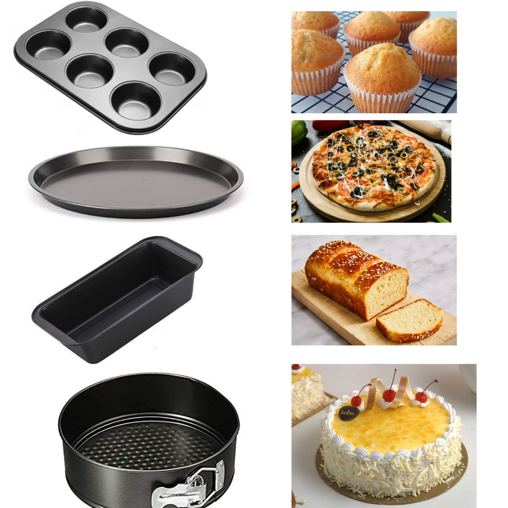 TrendyTrolley 4 Pc Cake Baking Combo Set -Utensils -Round Cake Tin | Muffin Tray| Pizza Pan & Bread Mould | Non Stick Carbon Steel Suitable for Micowave Oven