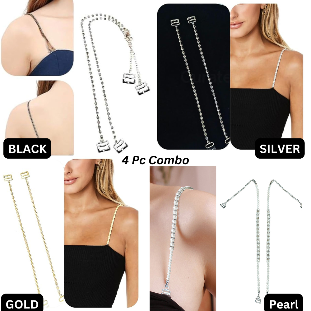 TrendyTrolley Gold & Silver Diamond Bra Straps for Women (2 Pair) | Adjustable, Detachable Stylish Straps for Dresses & Blouses | Premium Rhinestone Fashion Accessories