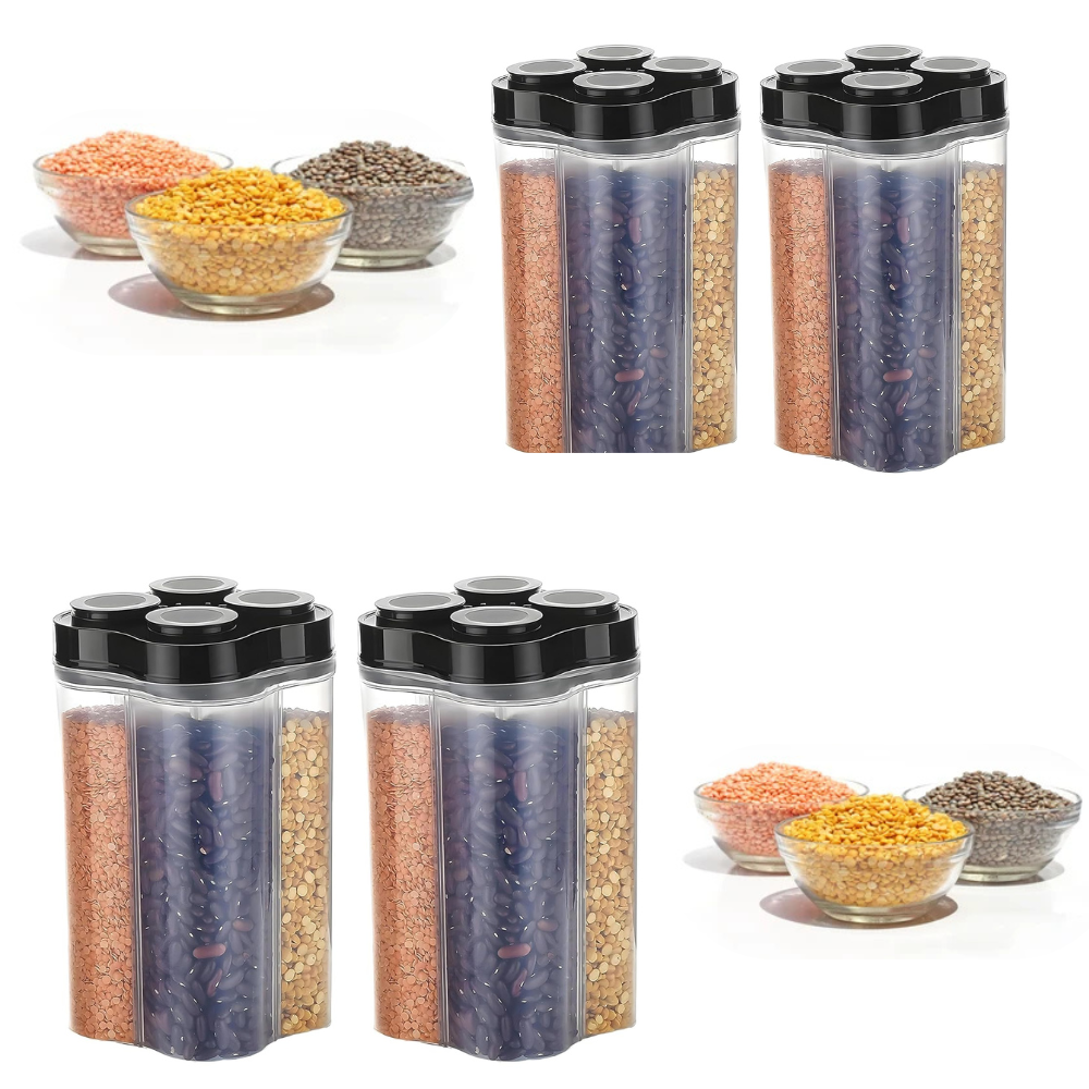 TrendyTrolley Airtight BPA Free Kitchen Containers 4 Section Jar 9600Ml, Pack of 4 | Modular Storage, Pantry Organiser | For Pulses, Grocery, Fridge, Stain Resistant, Clear & Transparent