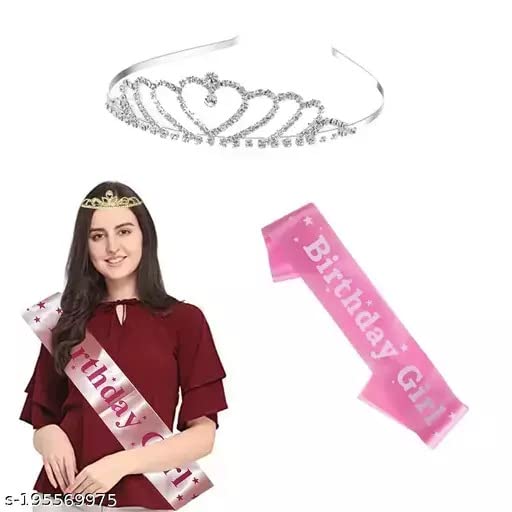 Decofy Birthday Girl Pink Sash & Crown With Ballooon Pump,Crown For Girls,Women -Balloon Pump - Any Random Color
