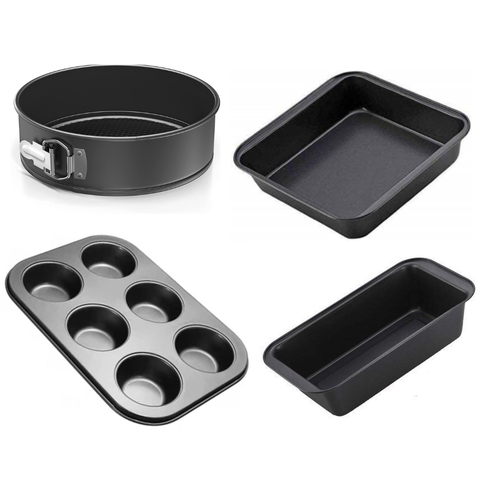 TrendyTrolley Cake Baking Combo - Muffin Cupcake Tray | Bread Loaf Tin | Round Cake Mould | Sqaure Cake Mould for Microwave Oven OTG (4 Pc)