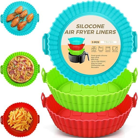 TrendyTrolley Silicone Air Fryer Liner I Silicone Air Fryer Basket Baking Tray I Pot with Ear Handles I Nonstick Reusable Heat Resistant I Cooking Oven Insert Accessories - Multicolor (2 Pc,8 inch)