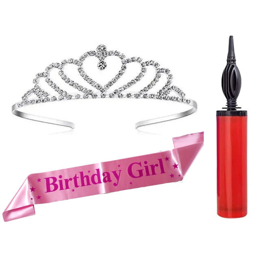 Decofy Birthday Girl Pink Sash & Crown With Ballooon Pump,Crown For Girls,Women -Balloon Pump - Any Random Color