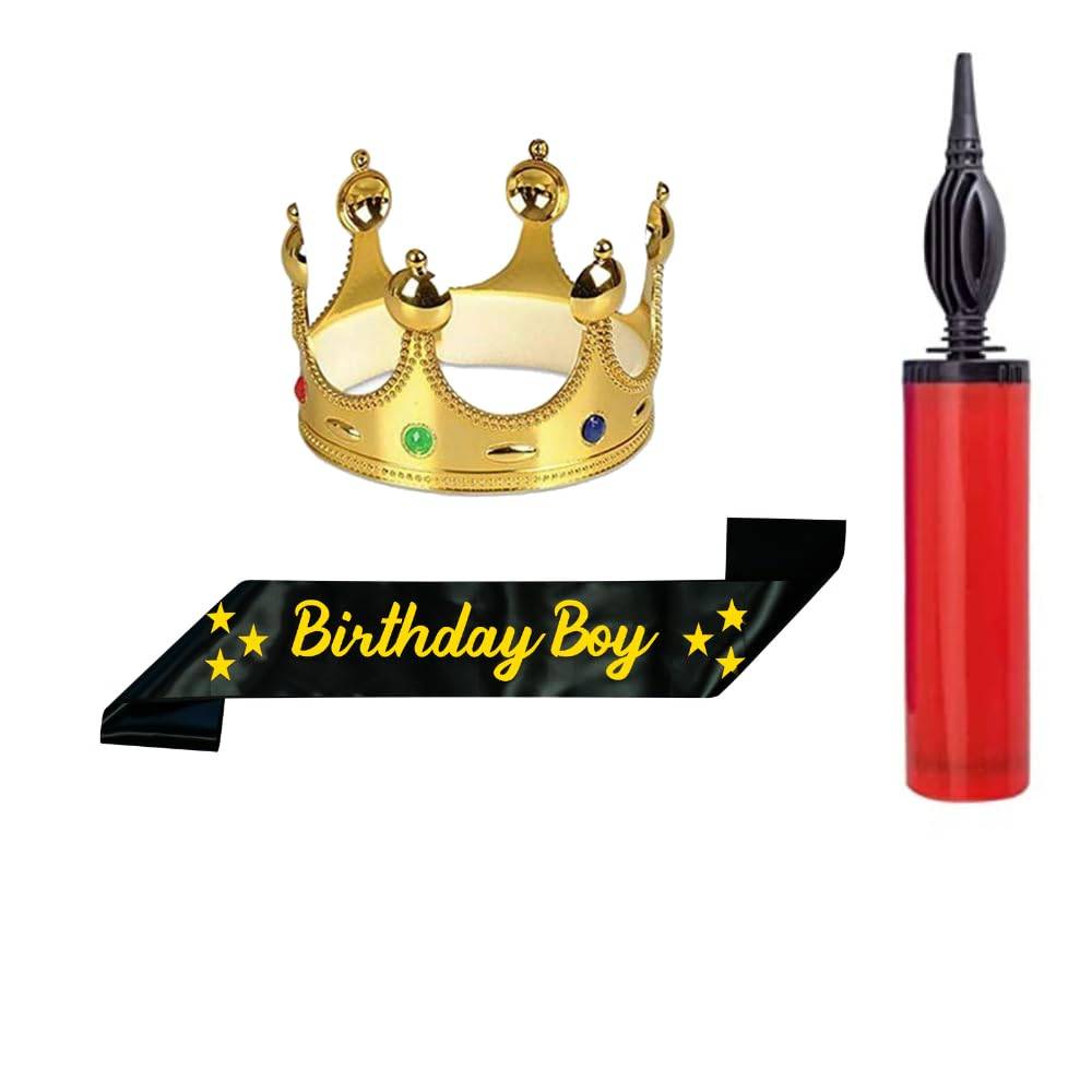 Decofy Birthday Boy Black Sash & King Crown With Balloon Pump,Crown For Boys,Mens -Balloon Pump - Any Random Color