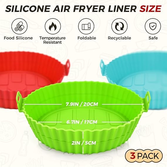 TrendyTrolley Silicone Air Fryer Liner I Silicone Air Fryer Basket Baking Tray I Pot with Ear Handles I Nonstick Reusable Heat Resistant I Cooking Oven Insert Accessories - Multicolor (2 Pc,8 inch)