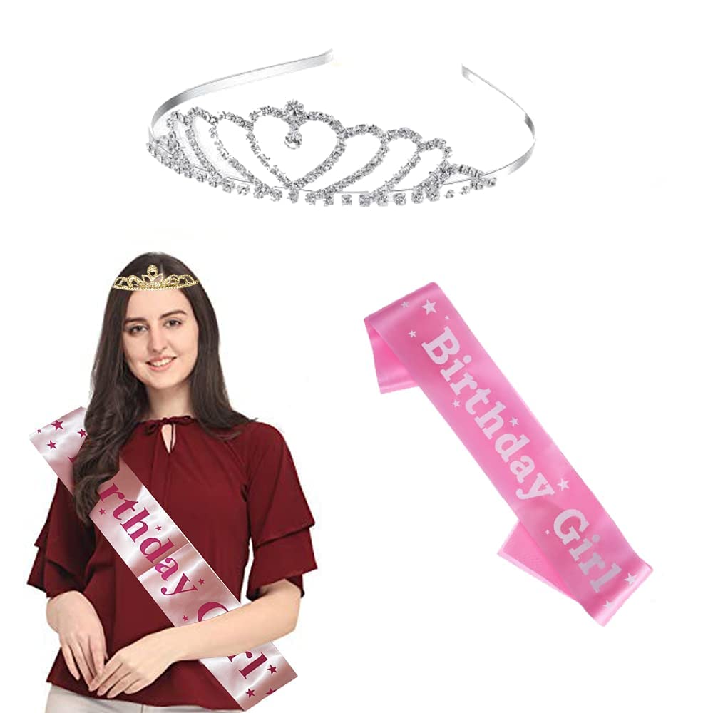 Decofy Birthday Sash & Crown Set | Princess Queen Tiara Crowns Taj HairBand For Kids Girls & Womens (28 Pc Set- With Pin& Balloons)