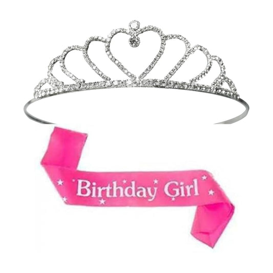 Decofy Birthday Girl Sash And Crown For Girls & Women - Set of 3 (With Pin) Sash And Tiara | Heart Crown For Birthday Girl | Pink Birthday Sash For Girls | Birthday Crown For Girls