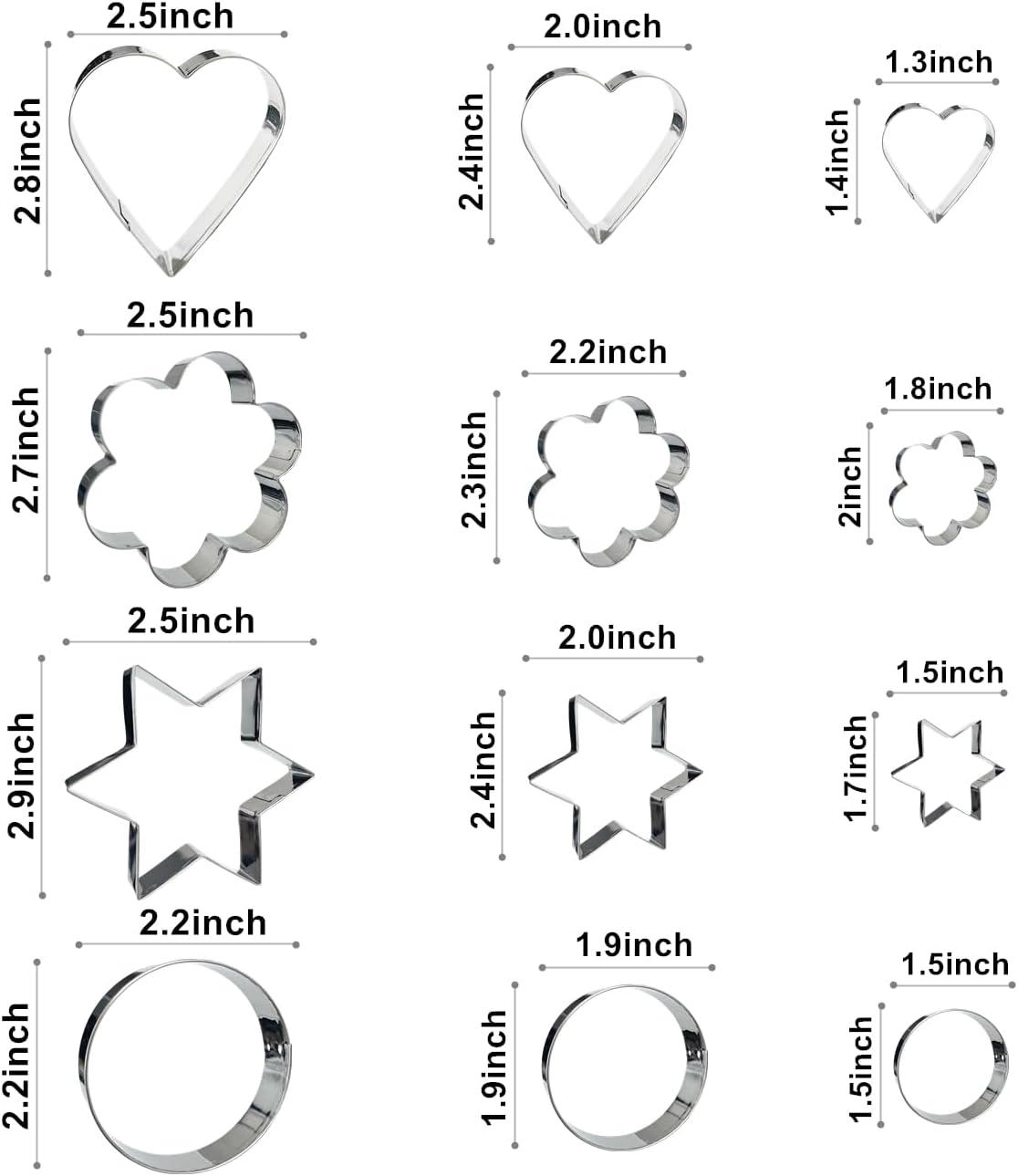 rendyTrolley Cookie Cutters Set- Heart, Star, Round, Flower - 12Pcs Cookie Cutters 3 Sizes | Cookie Cutter Set