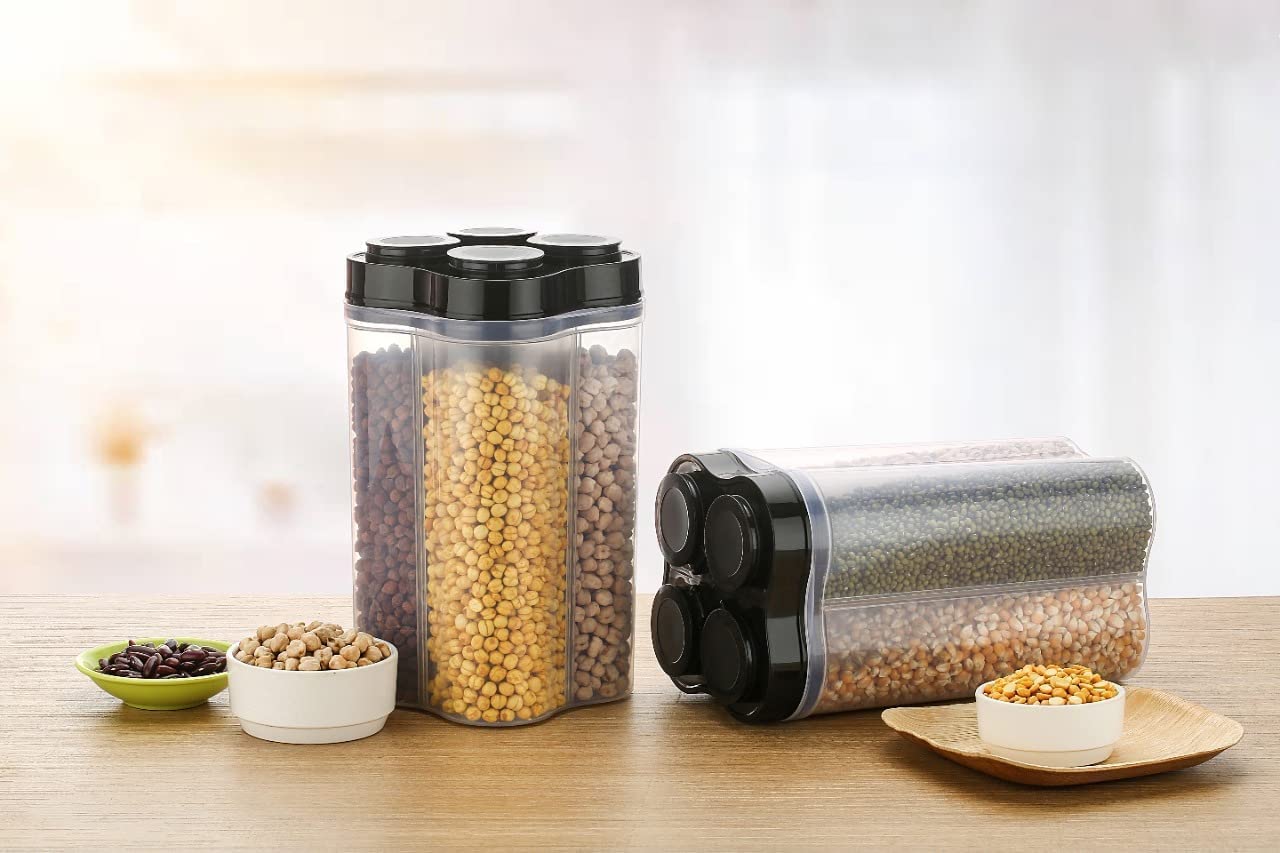 TrendyTrolley Airtight Transparent Plastic Lock Food Storage 4 Section Container Jar forPulses |Grocery, Fridge Container Pack of 2, 4800 ML - Black- MADE IN INDIA