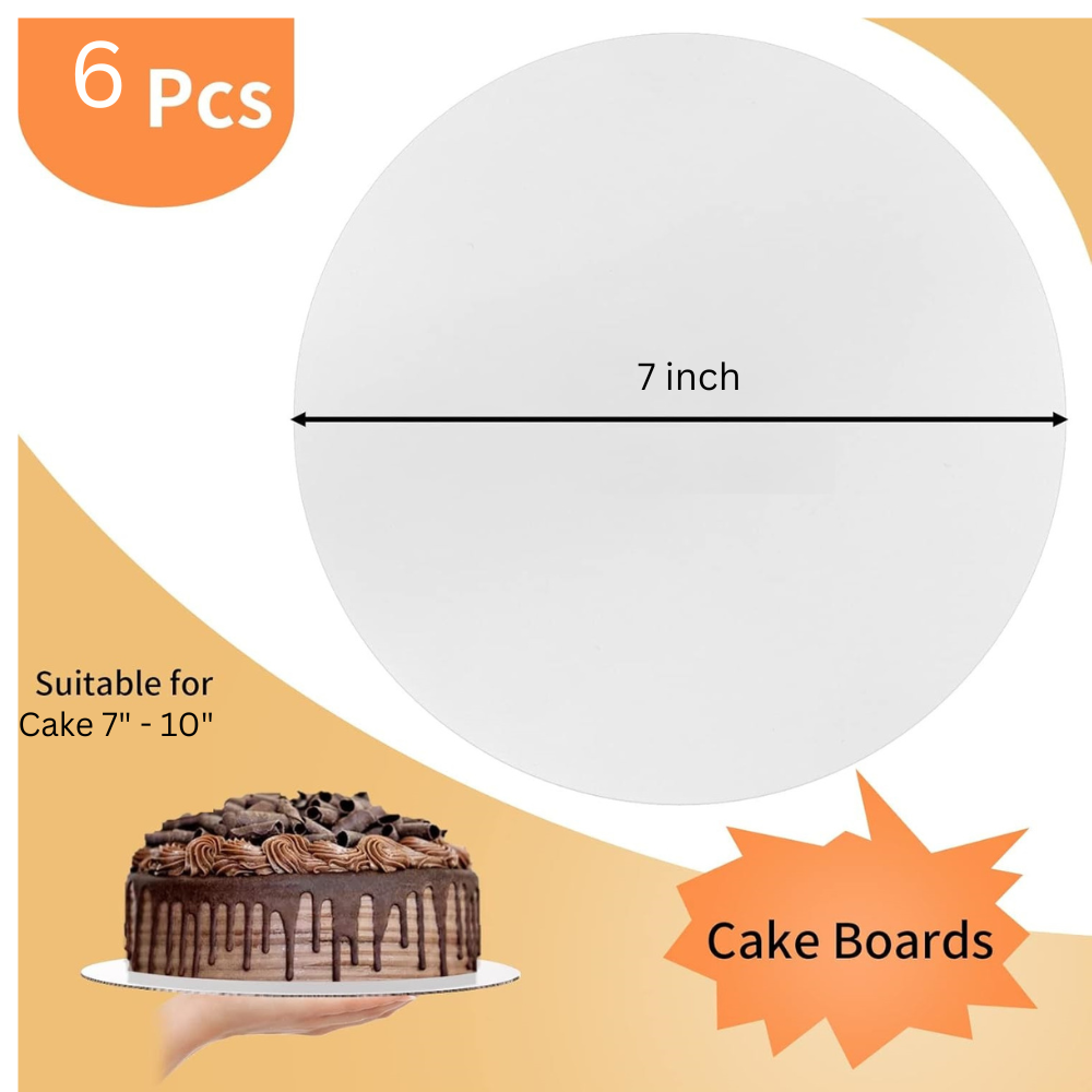 TrendyTrolley Round Cake Base Board |MDF Cardboard Disposable Cake Pizza Circle Scalloped Mate Silver Tart Decorating Base Stand|7 inch - 6 Pc - Round
