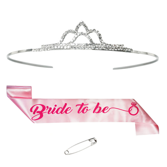 Bride to Be Pink Sash & DIamond Tiara,Pin 3 pc combo set for Girls & Womens | Bride to Be Decoration Set| Bride to Be Sash | Spinster's Party (B2B S)