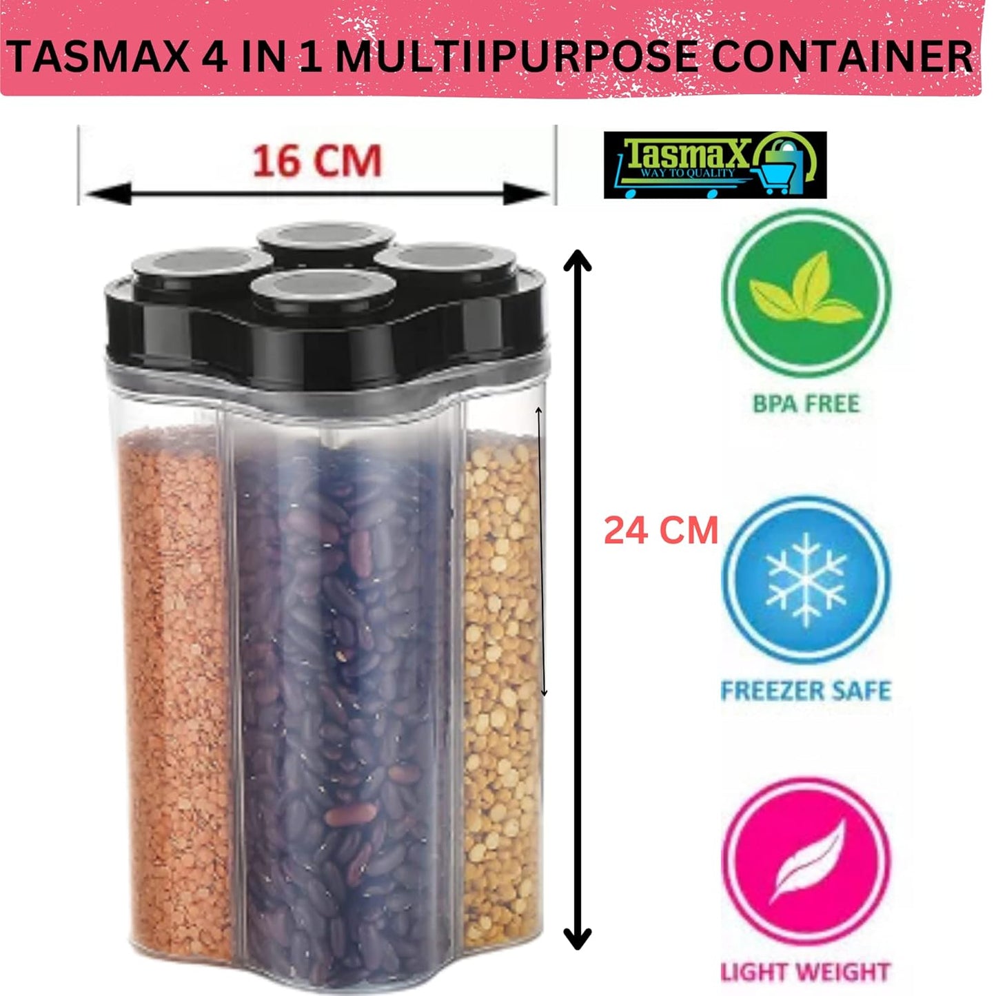 TrendyTrolley Airtight BPA Free Kitchen Containers 4 Section Jar 9600Ml, Pack of 4 | Modular Storage, Pantry Organiser | For Pulses, Grocery, Fridge, Stain Resistant, Clear & Transparent