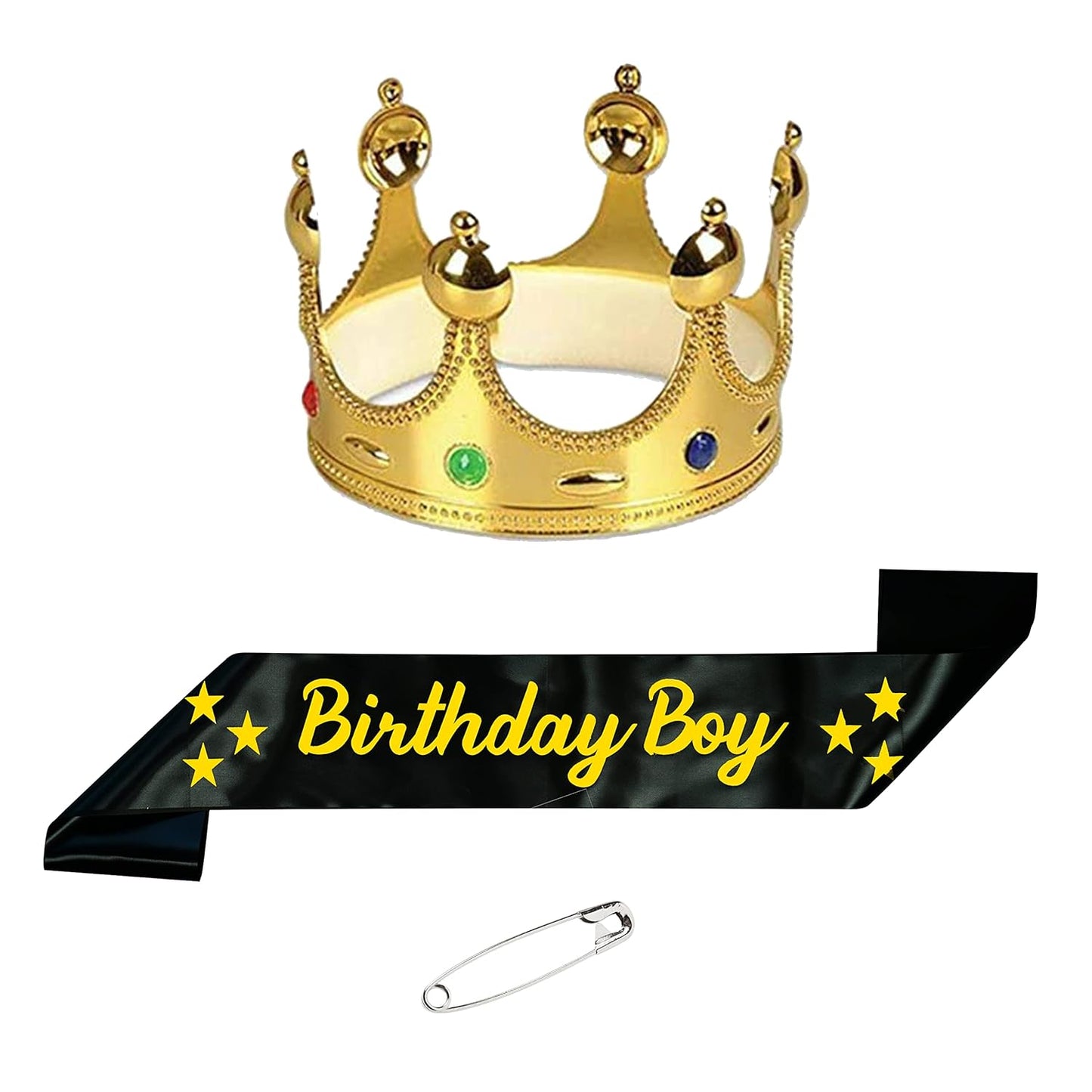 Decofy Birthday Boy Sash & King Crown With Pin- Set of 3 Birthday Boy Sash & King Crown | Black Sash of Birthday Boy For Kids, Mens