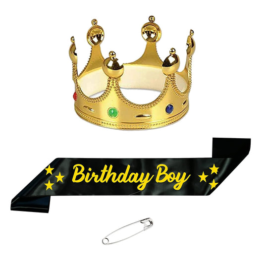 Decofy Birthday Boy Sash & King Crown With Pin- Set of 3 Birthday Boy Sash & King Crown | Black Sash of Birthday Boy For Kids, Mens