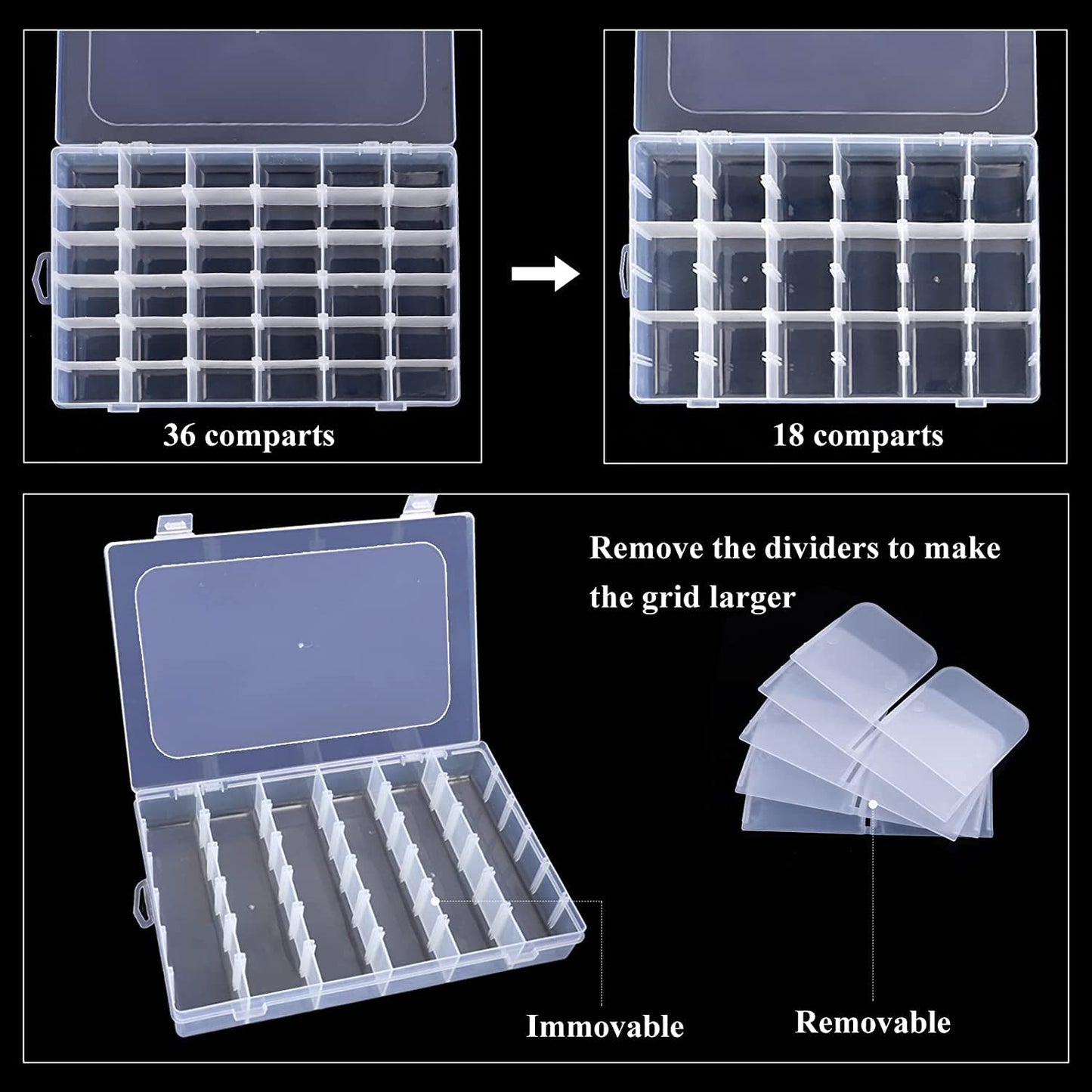 1 Pack 36 Grids Clear Plastic Organizer Box Container Craft Storage with Adjustable Dividers for Beads Organizer Art DIY Crafts Jewelry Fishing Tackles