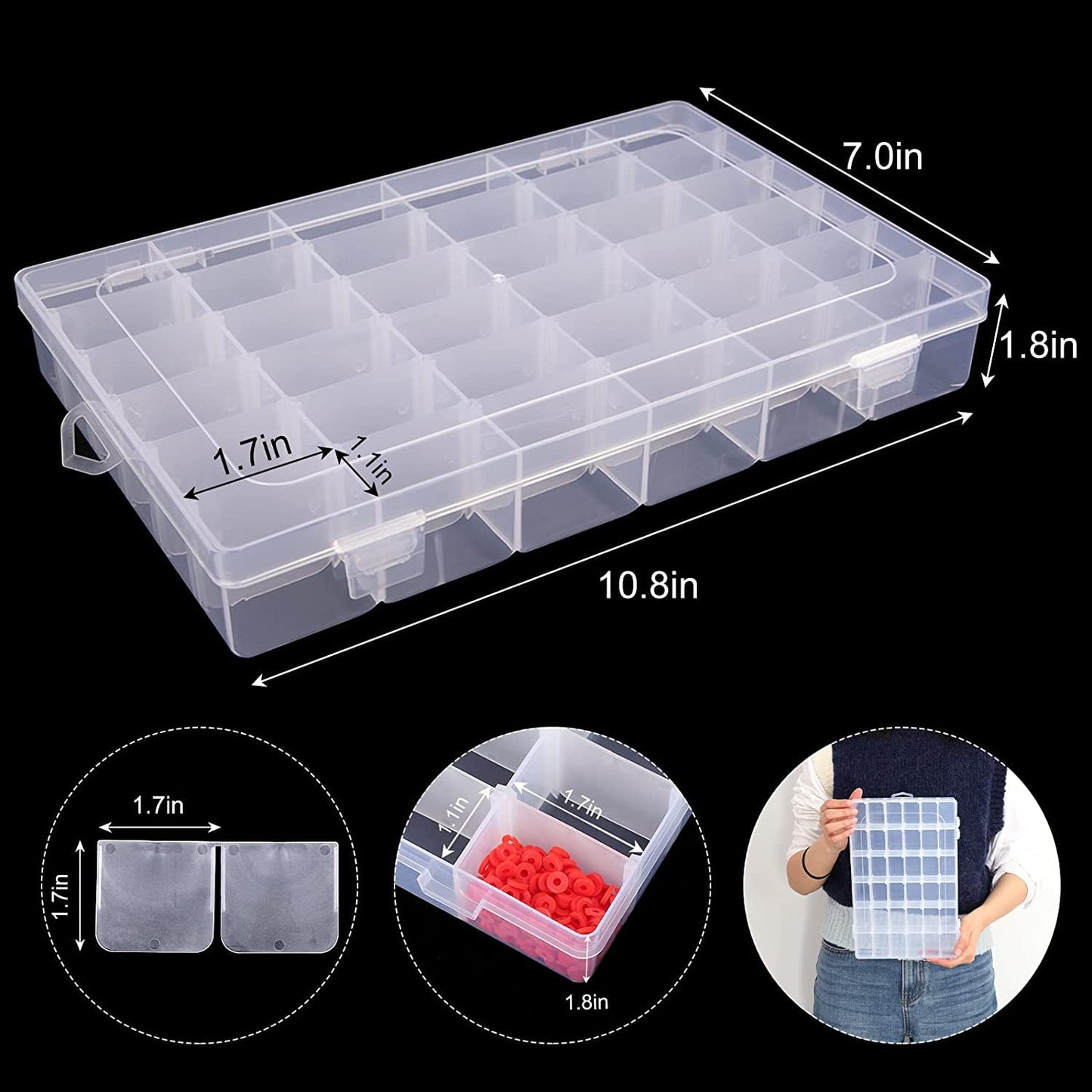 1 Pack 36 Grids Clear Plastic Organizer Box Container Craft Storage with Adjustable Dividers for Beads Organizer Art DIY Crafts Jewelry Fishing Tackles