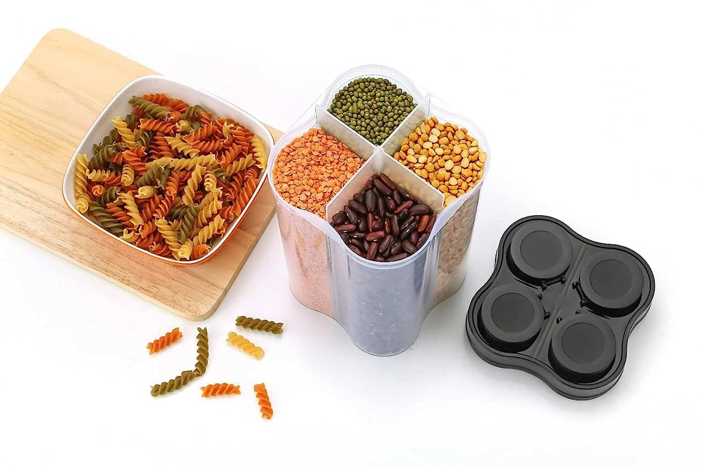 TrendyTrolley Airtight BPA Free Kitchen Containers 4 Section Jar 9600Ml, Pack of 4 | Modular Storage, Pantry Organiser | For Pulses, Grocery, Fridge, Stain Resistant, Clear & Transparent