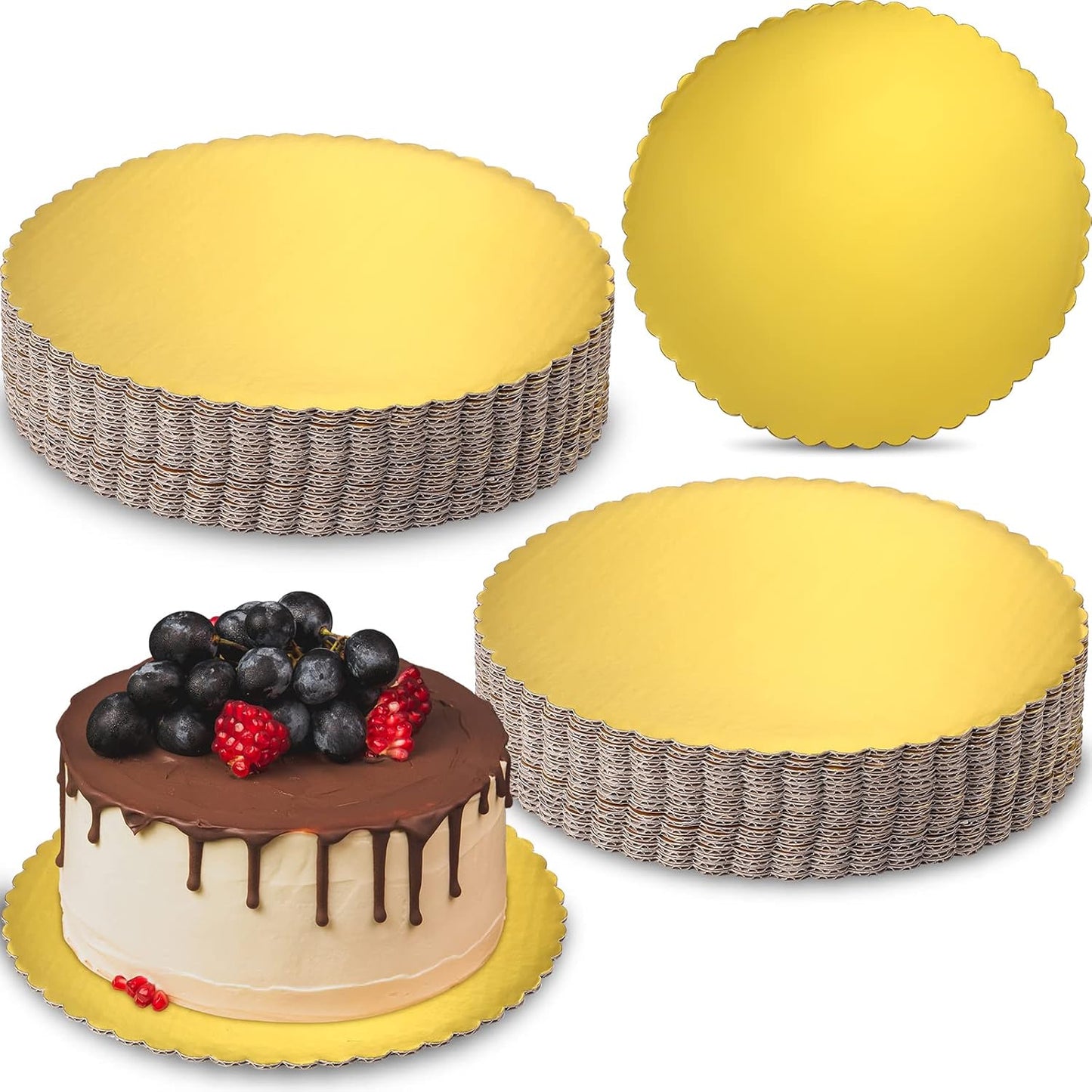 TrendyTrolley 10 Pcs Combo Flower Cake Board Base 8 inch +10 inch 5 pcs Each | Round Cake Boards - Disposable Cake Pizza Circle Scalloped Cardboard Round Cake Circle Base (Golden)