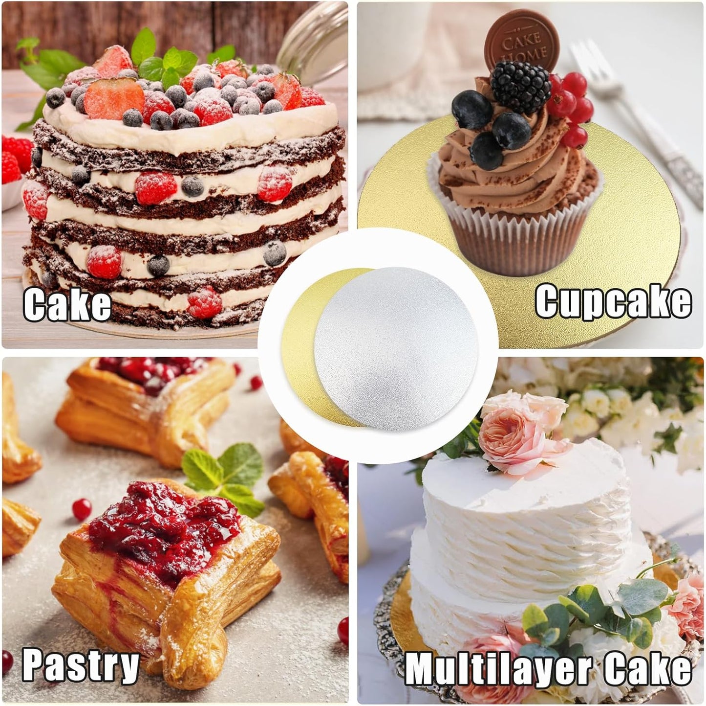 TrendyTrolley 8Pcs Cake Boards, MDF Cardboard -Round Cake Board | 4 Silver- 4 Gold |2 mm Thick | Cake Base Plates Silver & Gold Cake Board | Reusable Cake Base | for Birthday Wedding (8 inch)