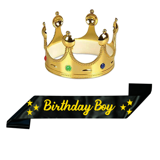 DECOFY Birthday Boy Sash Crown For Boys & Mens | Royal King Crown 2 Pc Set For Husband, Brother, Boyfriend, Friends | Birthday Sash For Boys