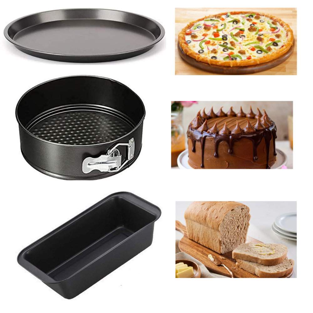 TrendyTrolley Cake Baking Combo - Bread Loaf | Pizza Pan & Round Cake Tin Non Sitck | Microwave Oven OTG Safe Cake Utensils/Mould/Tins (3 pc)