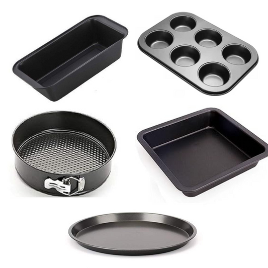 TrendyTrolley Popular Cake Baking Combo Set Round Springform Cake Moulds/Tin with Muffin Tray| Pizza Pan| Sqaure Cake Mould & Bread Loaf Tin (5 Pc)