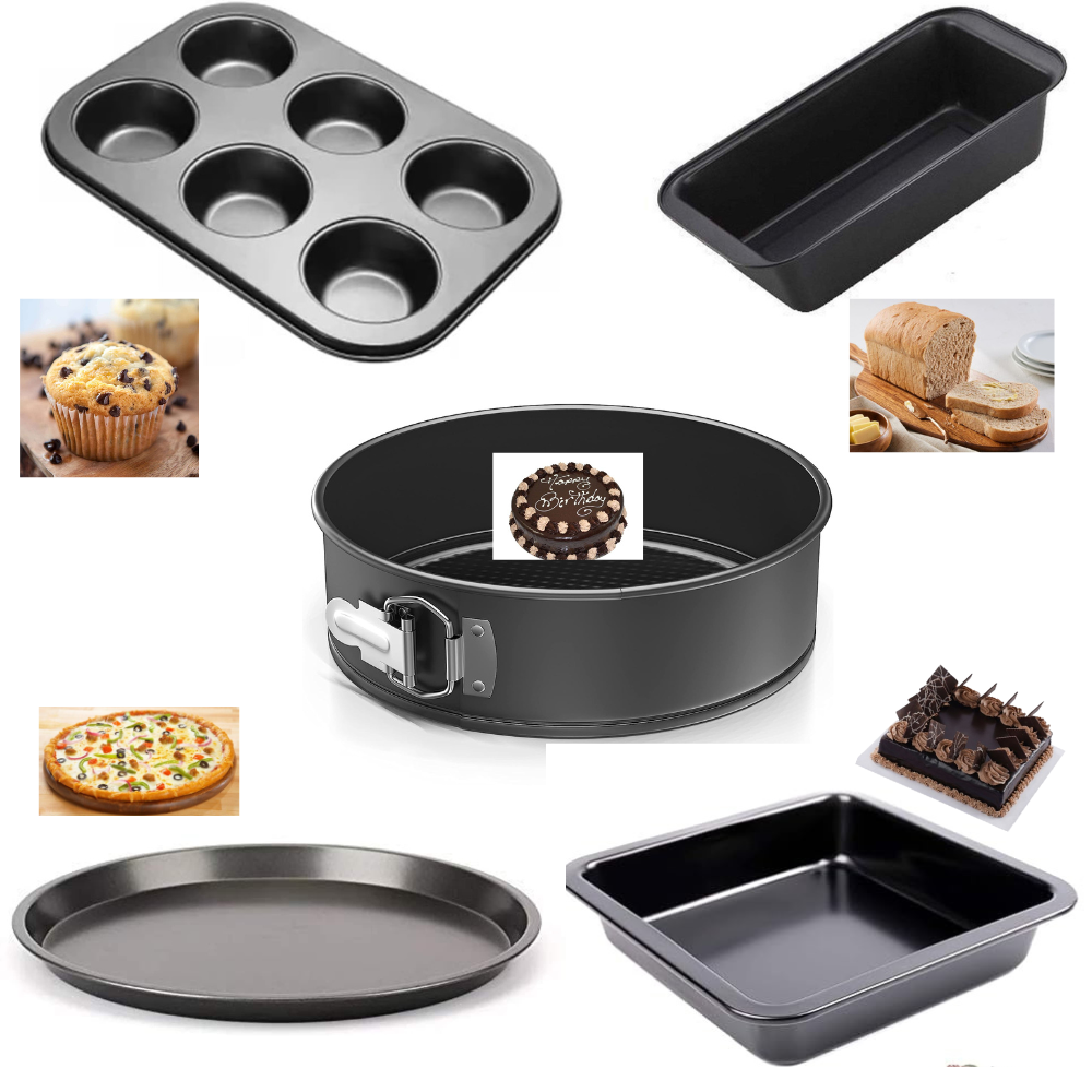 TrendyTrolley Popular Cake Baking Combo Set Round Springform Cake Moulds/Tin with Muffin Tray| Pizza Pan| Sqaure Cake Mould & Bread Loaf Tin (5 Pc)