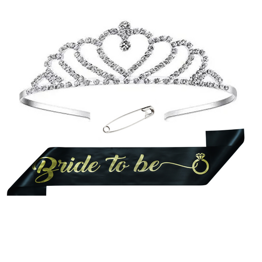 Decofy Bride to Be Decoration Set - Black Bride to Be Sash | Crown Tiara For Bridal Shower Party | Spinsters Party (Heart-Black)