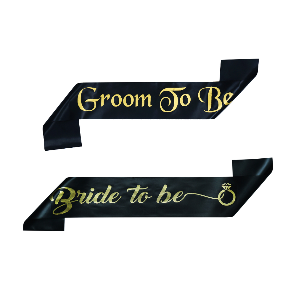 Decofy 2 Pc Bride & Groom Decoration Set | Bride to Be Black Sash | Groom To Be Black Sash With Safety Pins