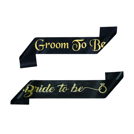 Decofy 2 Pc Bride & Groom Decoration Set | Bride to Be Black Sash | Groom To Be Black Sash With Safety Pins
