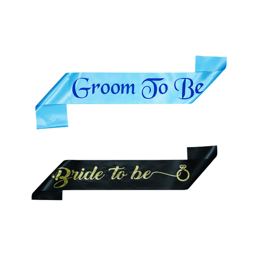 Decofy 2 Pc Bride & Groom Decoration Set | Bride to Be Black Sash | Groom To Be Blue Sash With Safety Pins