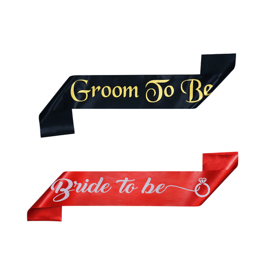 Decofy 2 Pc Bride & Groom Decoration Set | Bride to Be Red Sash | Groom To Be Black Sash With Safety Pins