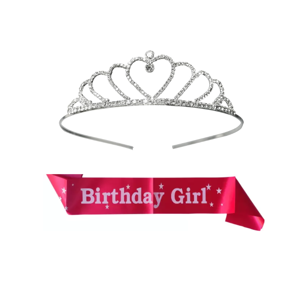 Decofy Regal Birthday Girl Combo – Dark Pink Satin Sash with Heart Crown